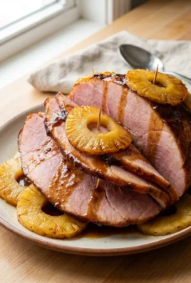A close-up of sliced ham on a white platter showing its juicy texture.