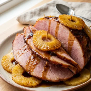 A close-up of sliced ham on a white platter showing its juicy texture.