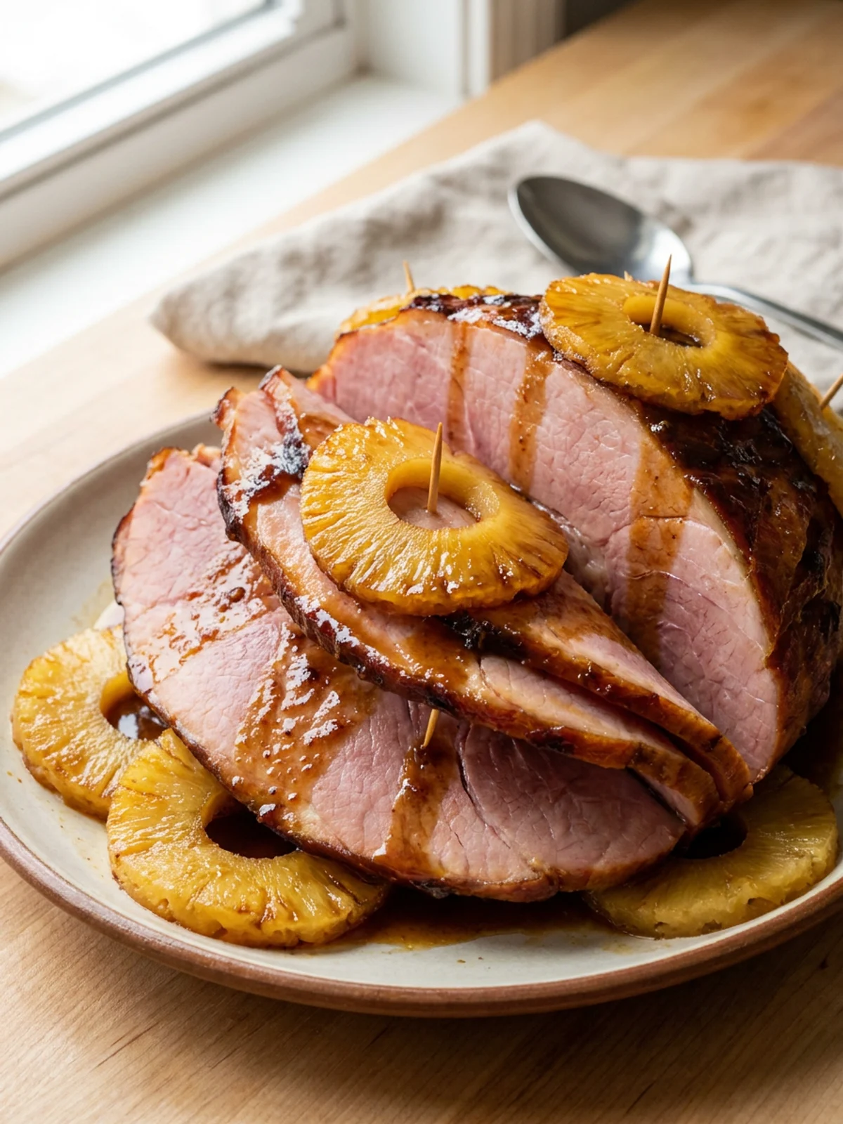 A close-up of sliced ham on a white platter showing its juicy texture.