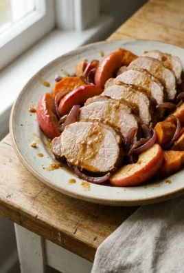 A serving platter showing sliced pork loin with cooked apples and chunks of sweet potato.