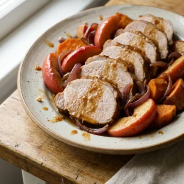 A serving platter showing sliced pork loin with cooked apples and chunks of sweet potato.