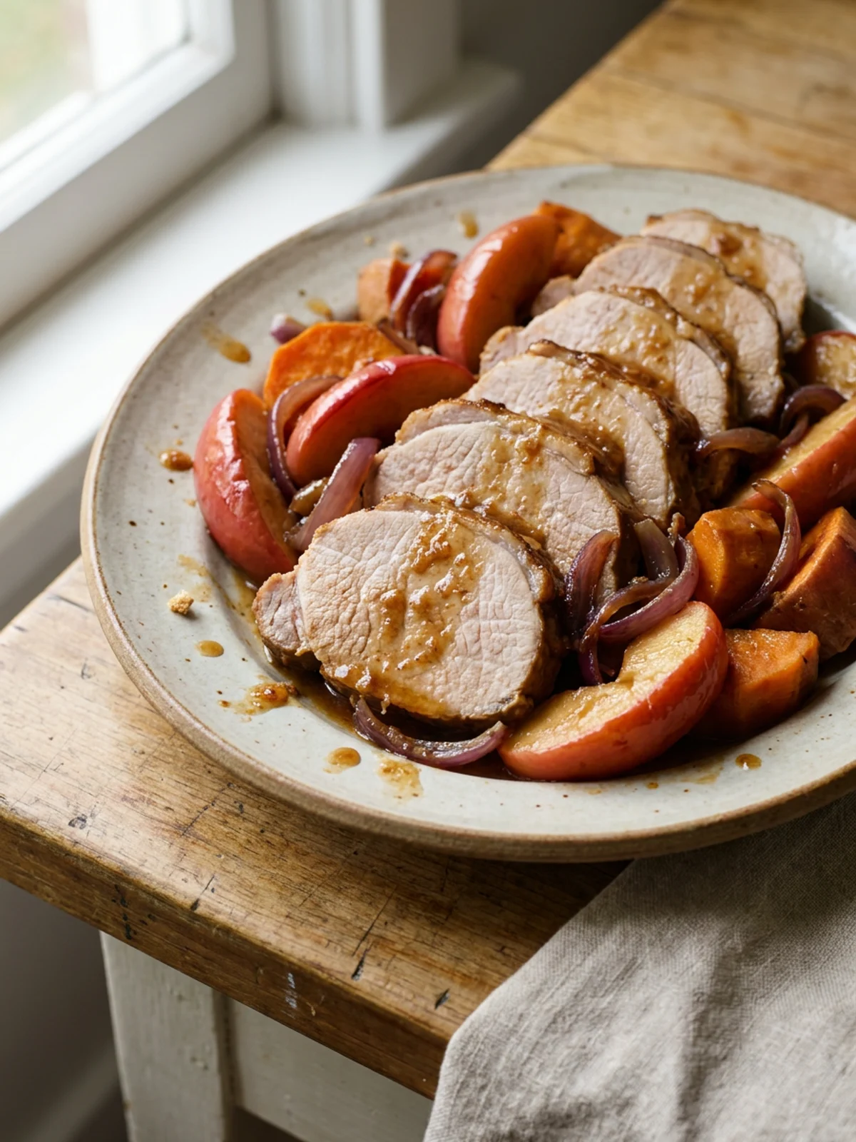 A serving platter showing sliced pork loin with cooked apples and chunks of sweet potato.