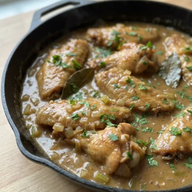 A serving of fall-off-the-bone turkey wings over rice with a generous amount of gravy.