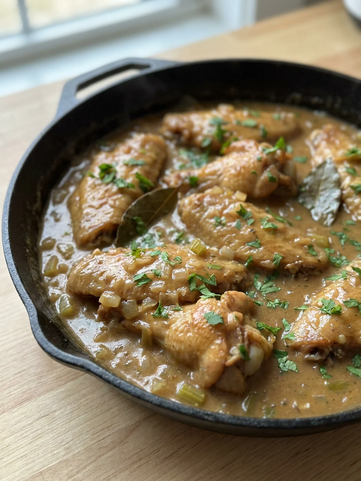 A serving of fall-off-the-bone turkey wings over rice with a generous amount of gravy.