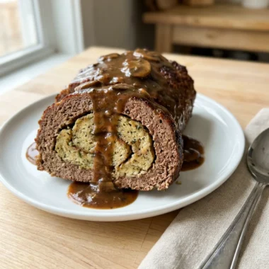 A finished slice of meatloaf with a stuffing swirl in the center.
