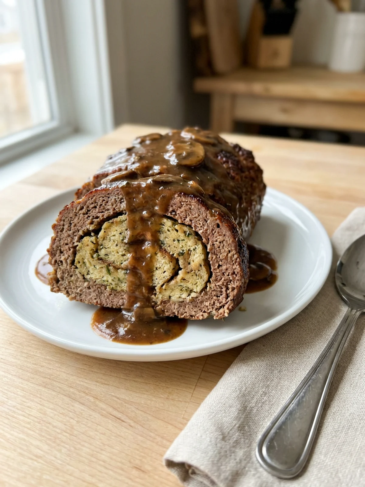 A finished slice of meatloaf with a stuffing swirl in the center.