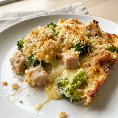 A serving of bubbly turkey divan casserole on a white plate with a fork.