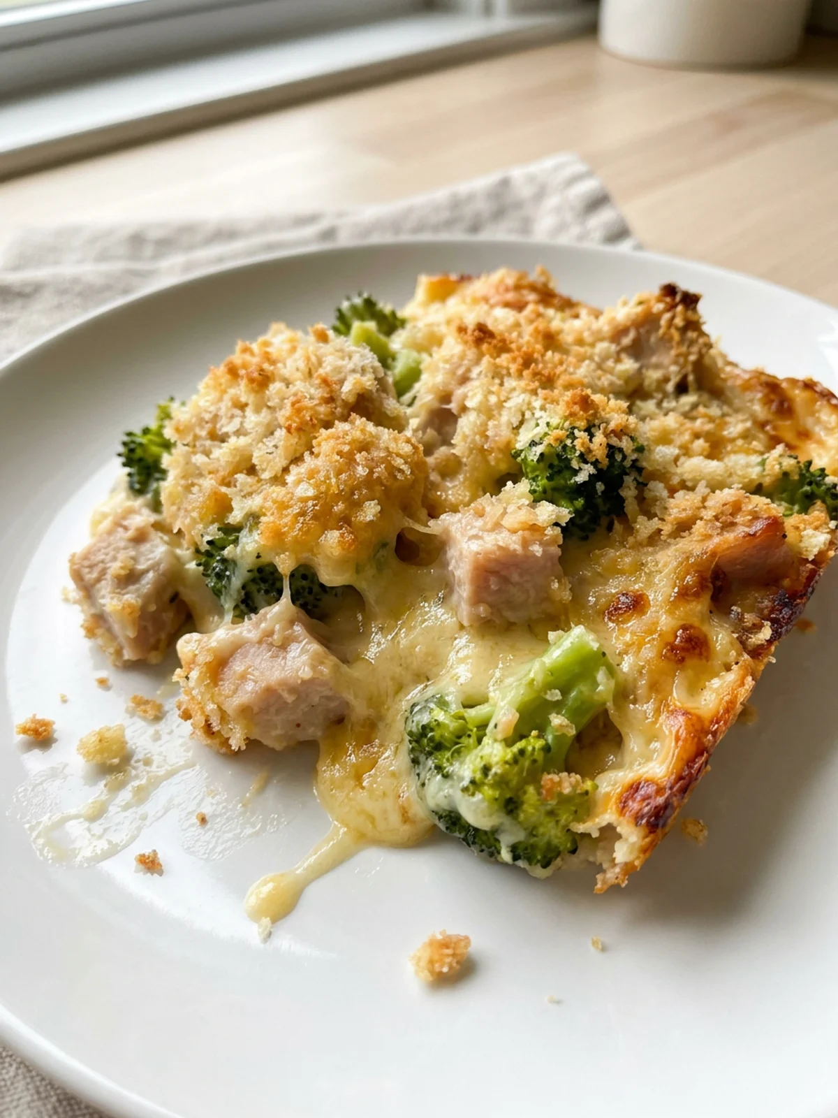A serving of bubbly turkey divan casserole on a white plate with a fork.