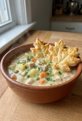 A close-up of a white bowl filled with turkey pot pie soup and crust toppers.