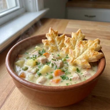 A close-up of a white bowl filled with turkey pot pie soup and crust toppers.