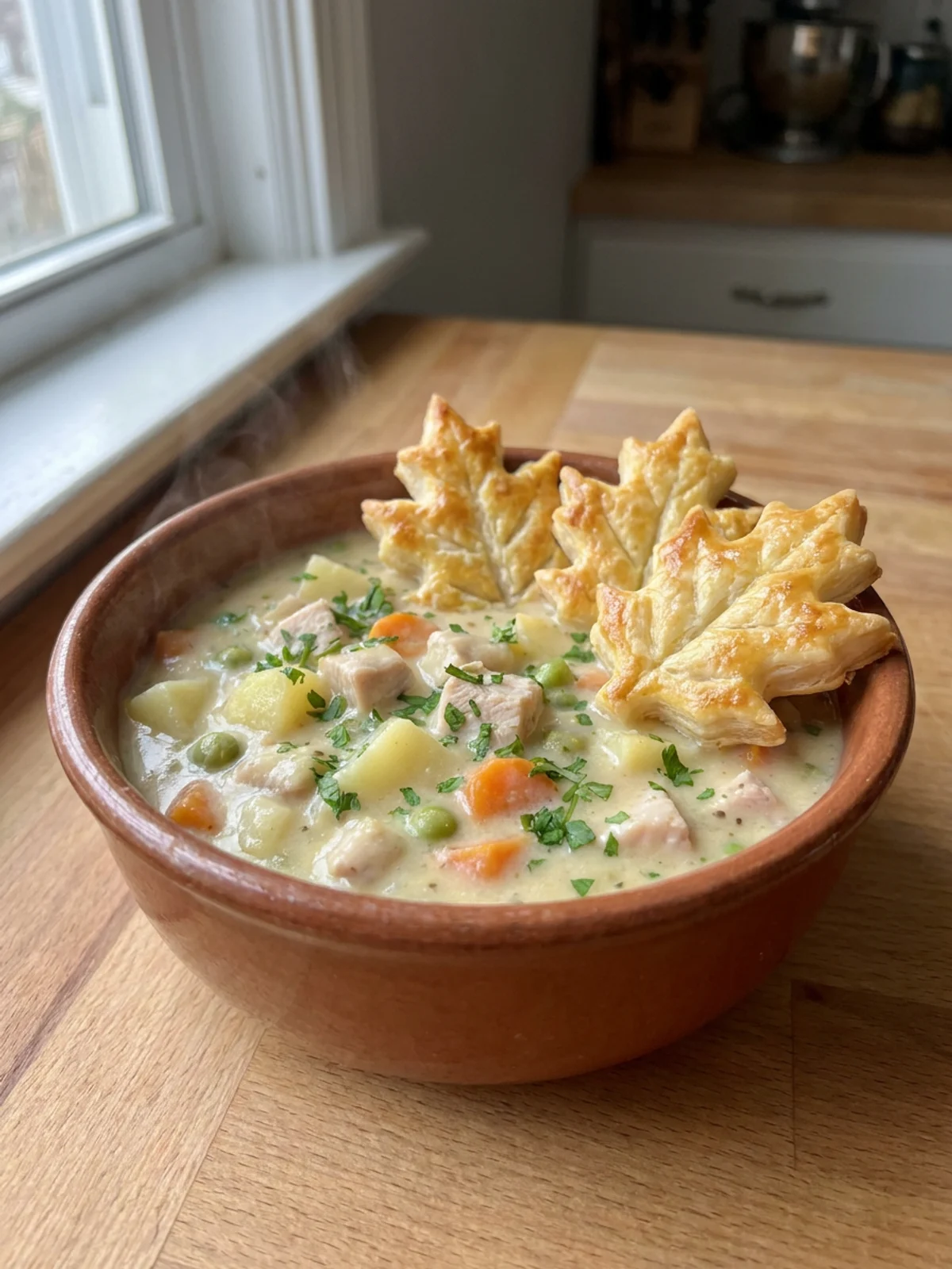 A close-up of a white bowl filled with turkey pot pie soup and crust toppers.