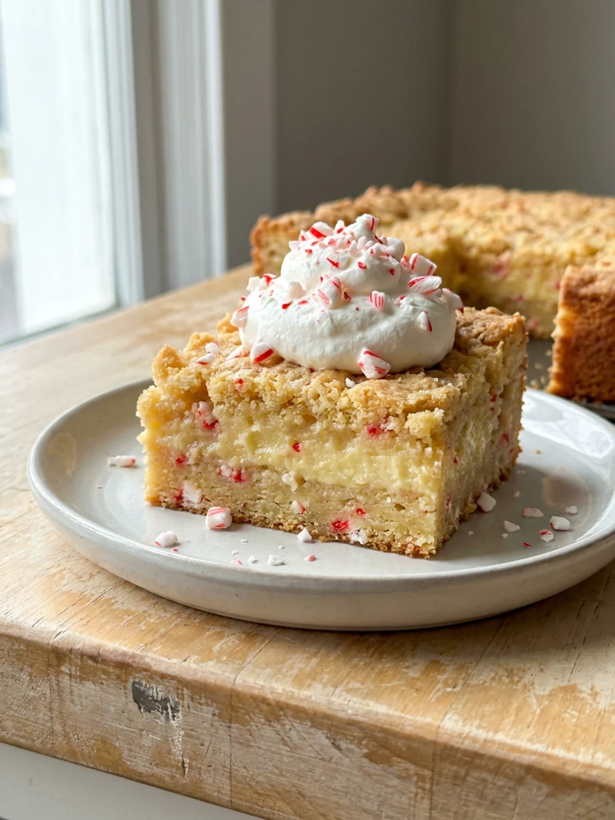 A square slice of the layered cake showing the dense bottom, custard middle, and cakey top.